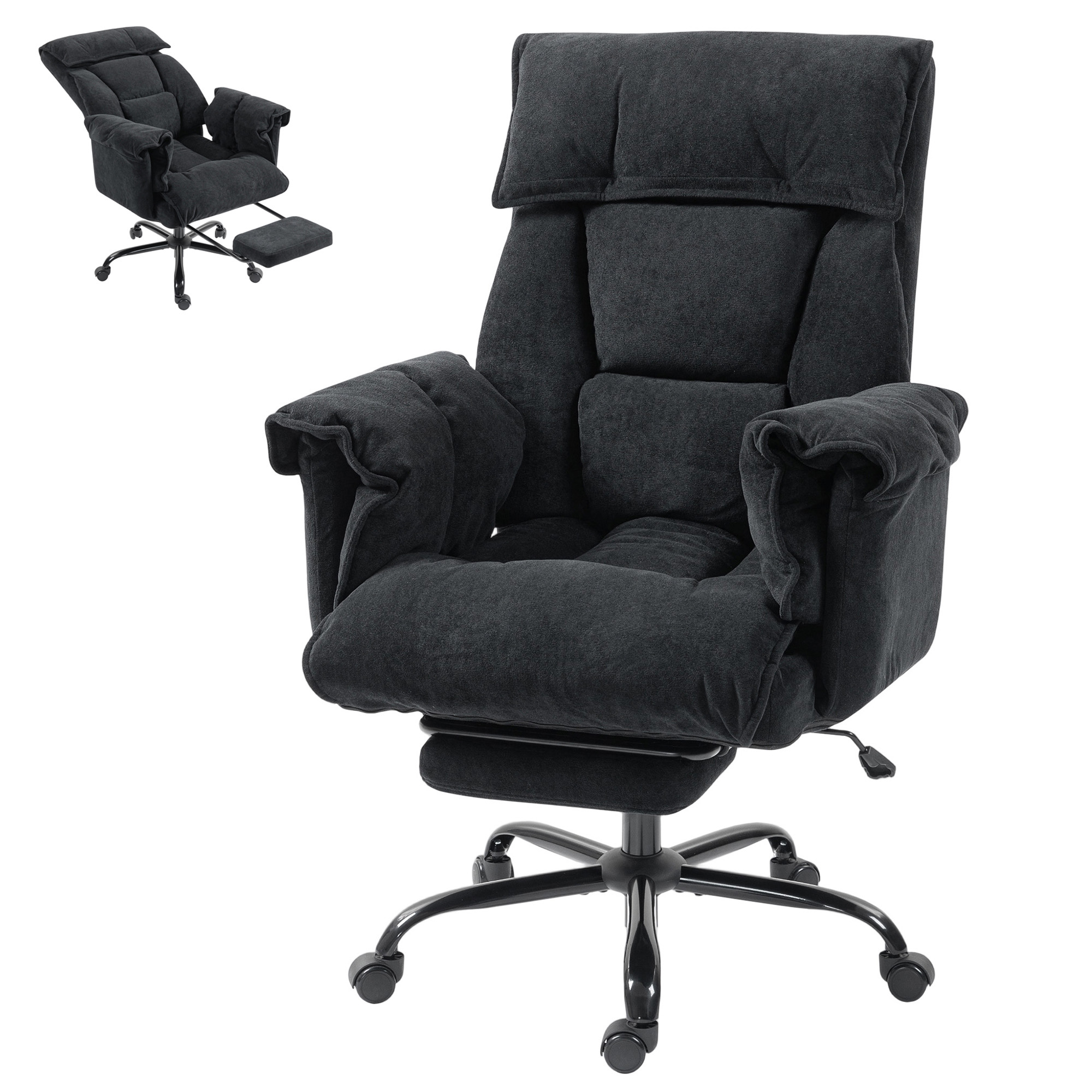 HOMCOM High Back Office Chair, Reclining Desk Chair with Footrest, High Resilience Foam, Rolling Wheels, Black
