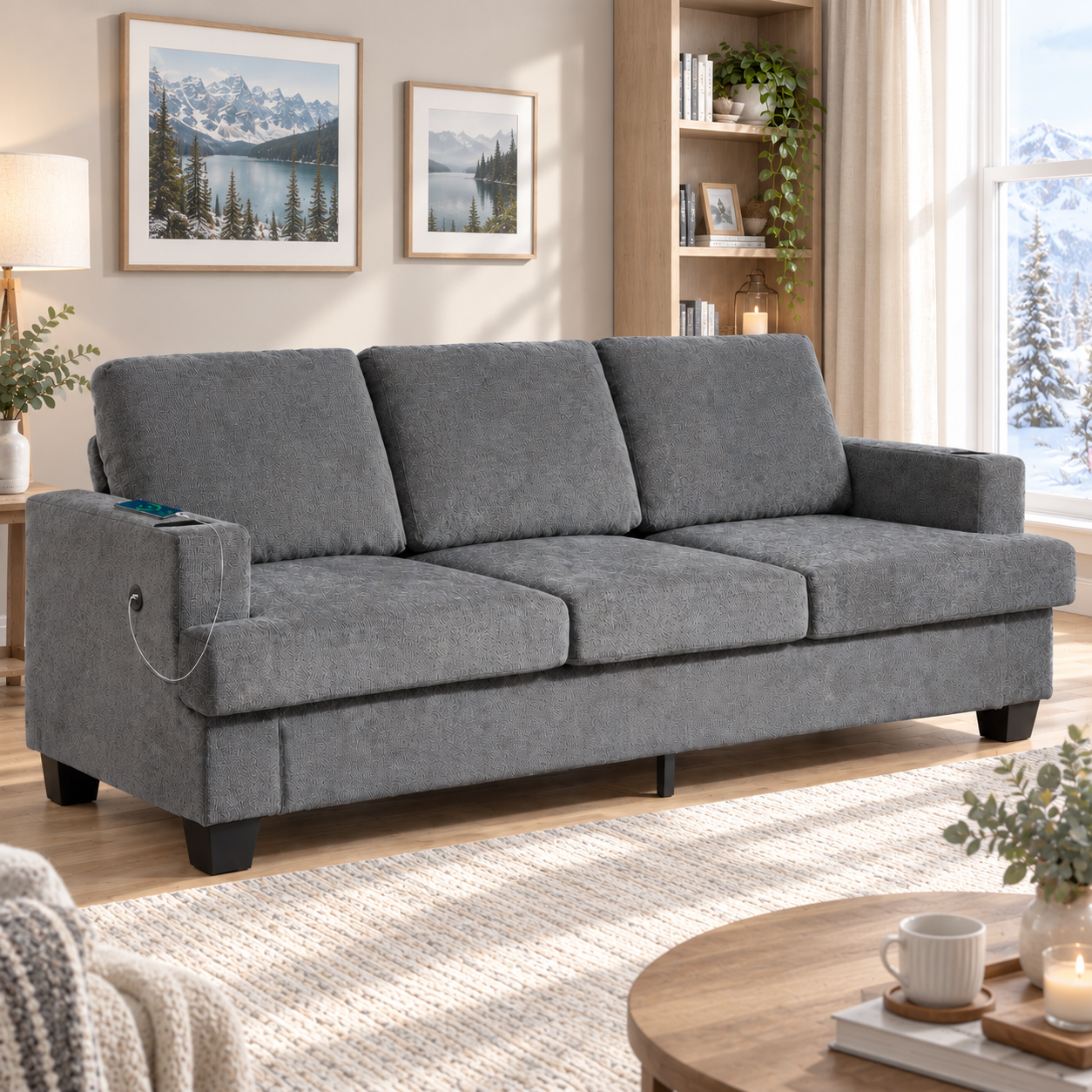 HOMCOM 3 Seater Sofa with USB Ports & Cup Holders, Chenille-Feel Upholstered Couch for Living Room, Grey Aosom Canada