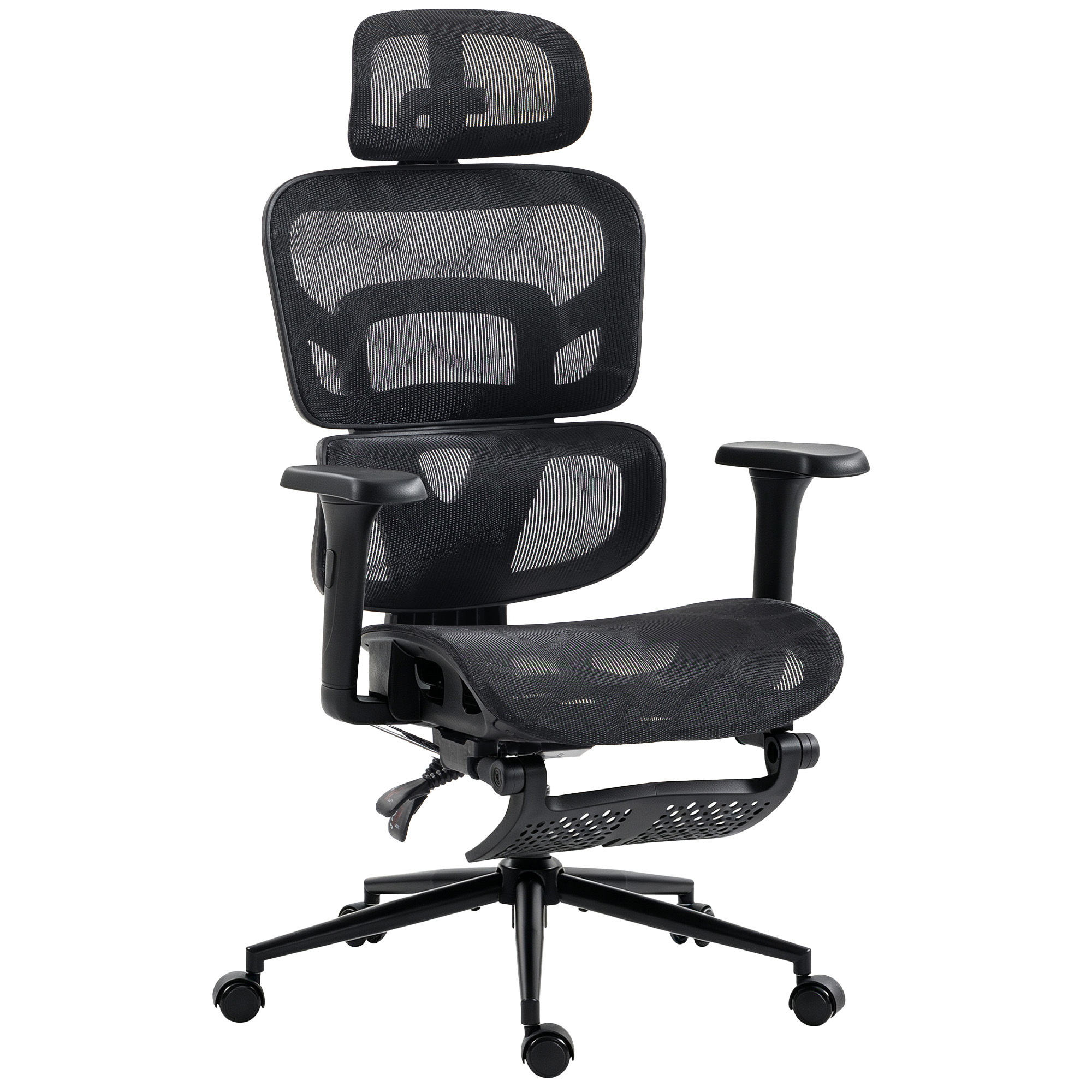 HOMCOM Ergonomic Office Chair with Lumbar Support, 2D Headrest, Mesh Reclining Desk Chair with Footrest, Swivel Wheels, Black