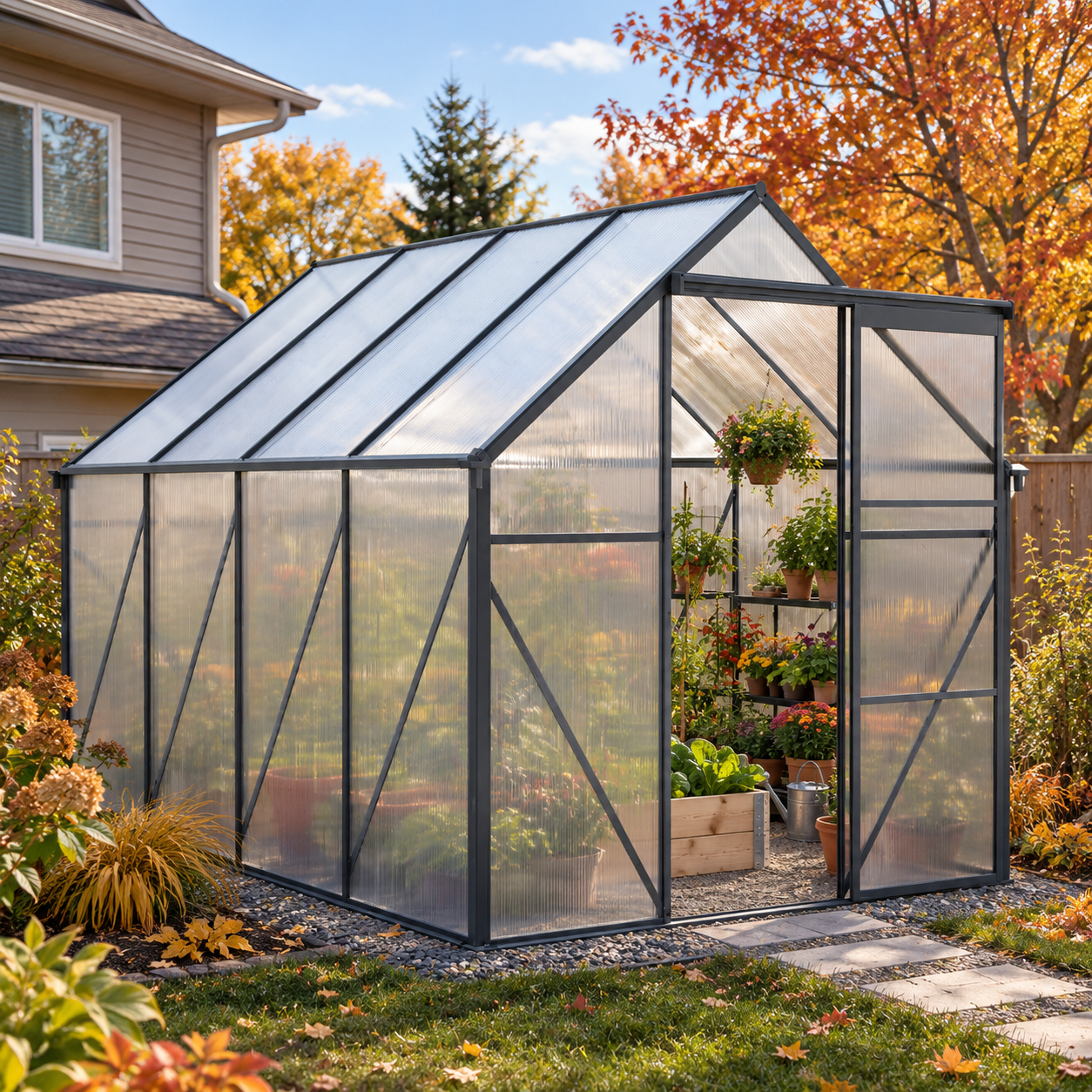 Polycarbonate Walk-in Greenhouse with Sliding Door and Adjustable Roof, Heavy Duty Hothouse for Plant, 75" L x 98.5" W x 77" H, Black | Aosom Canada