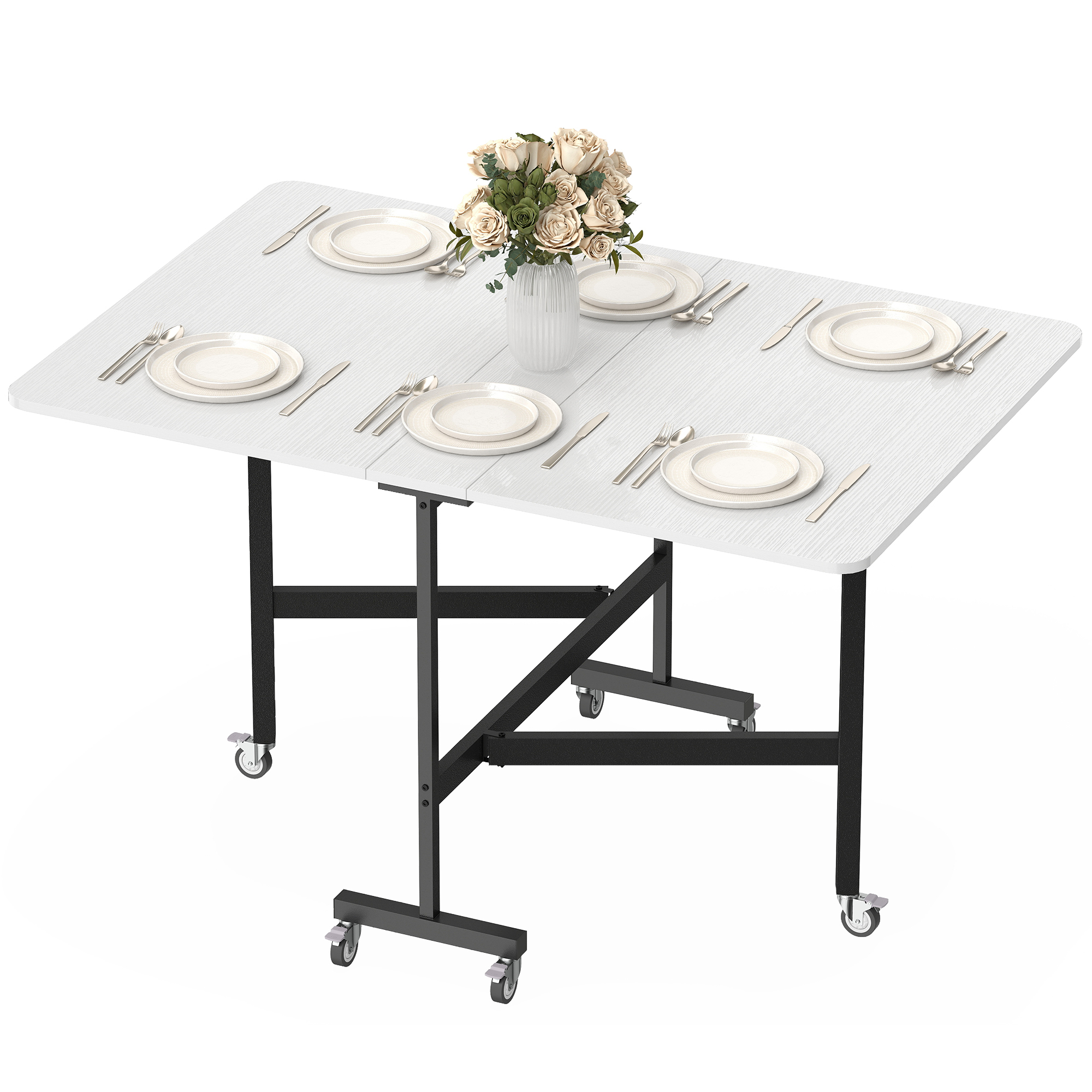 HOMCOM HOMCOM Drop-Leaf Table for Small Spaces, Extendable Kitchen Table with 6 Smooth Wheels & Brakes, Space-Saving Design, White - $71.99 at Aosom US