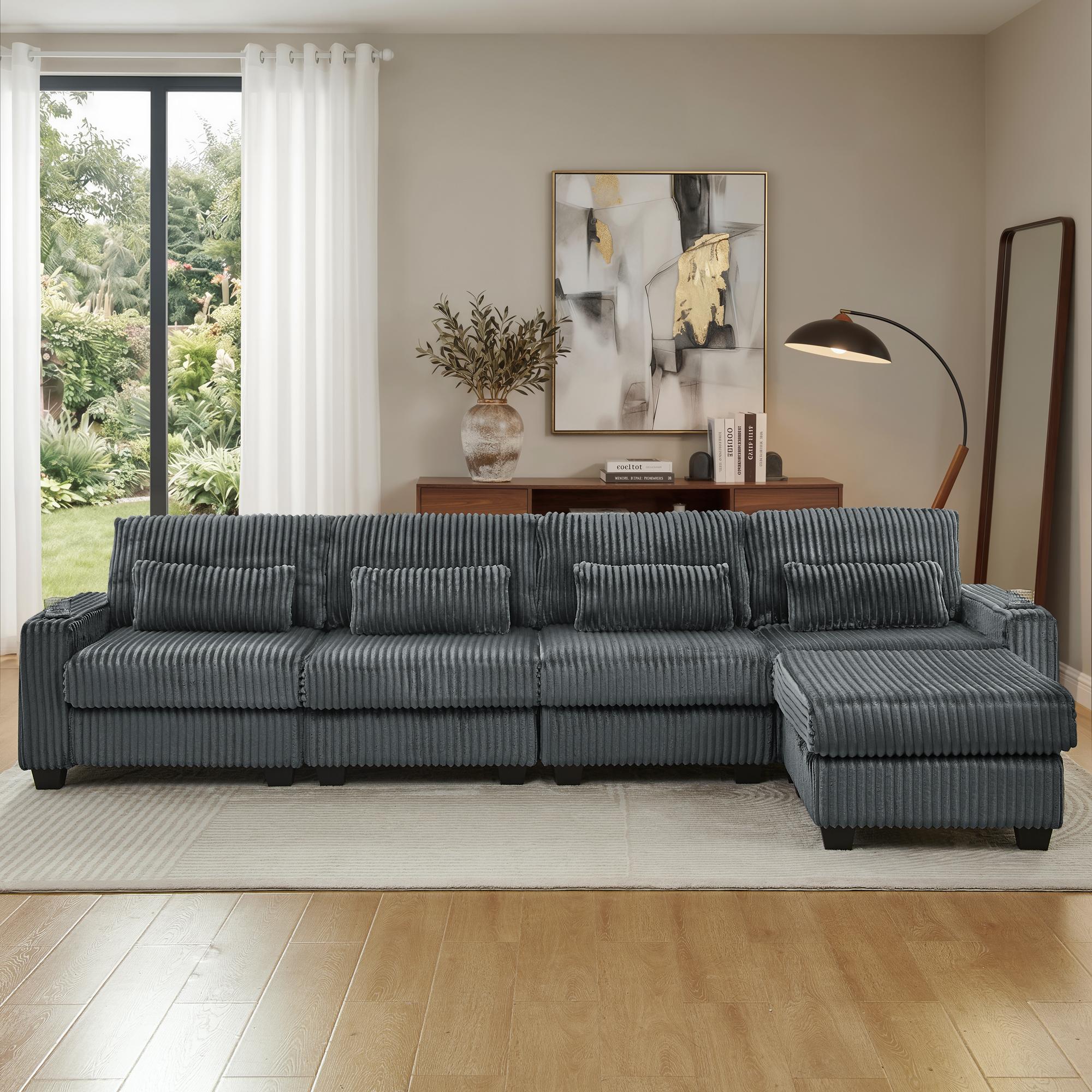 ChuangYuan Smart Home "Corduroy Modular Sectional Sofa with Detachable Footrest, Modern L-Shaped Couch for Living Room, 124.5'' L x 31.5""W x 30"" H, Dark Gray | Aosom.com" - $850.99 at Aosom US