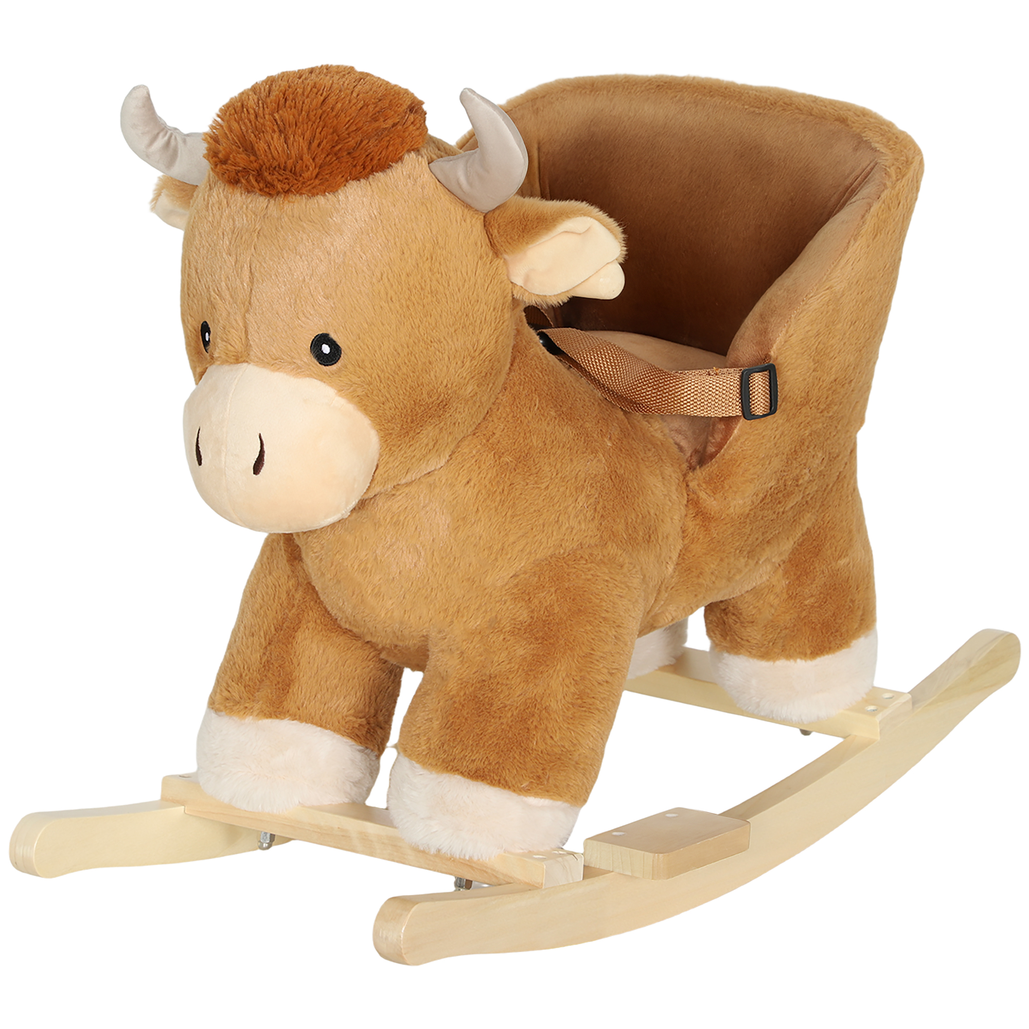 Qaba Baby Rocking Horse with Cute Cow Stuffed Plush, Music, Safety Belt, Wooden Rocking Horse for 1-3 Years, Brown