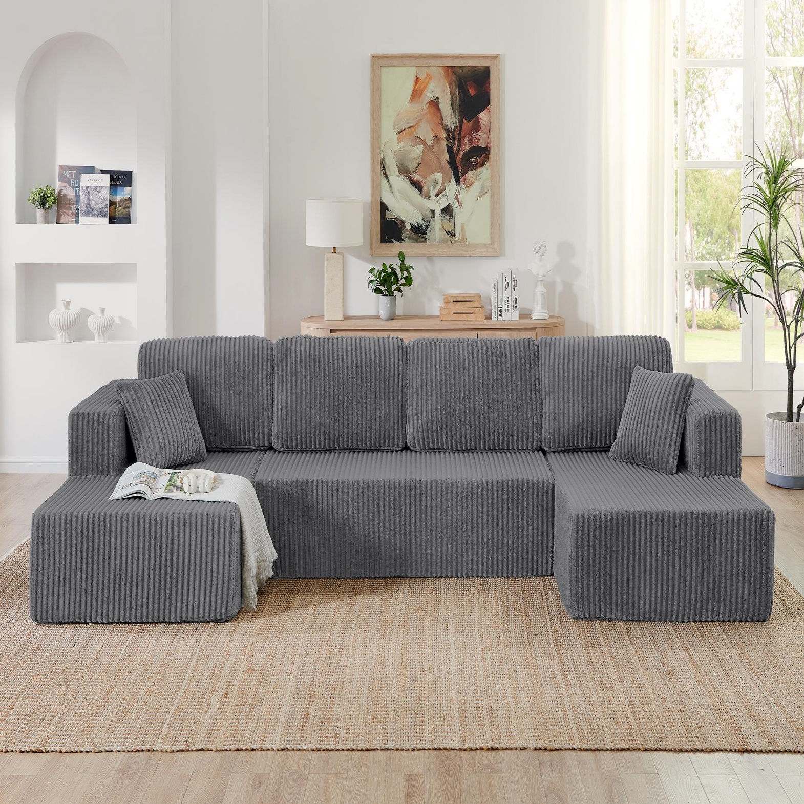 ChuangYuan Smart Home "U-Shaped Sectional with Skin-Friendly Corduroy and Foam, Space-Saving Sleeper Sofa with No Assembly, 132.5'' L x 61"" W x 25.5"" H, Gray | Aosom.com" - $675.99 at Aosom US
