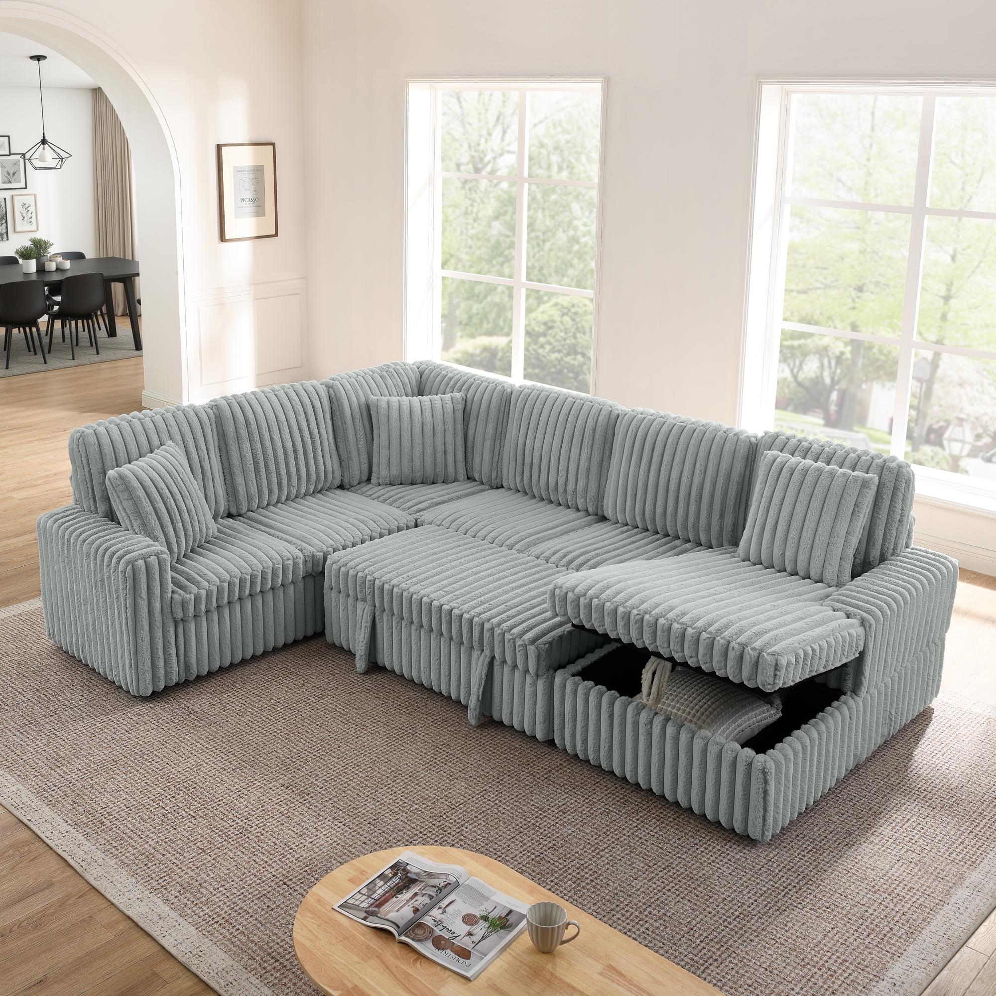 ChuangYuan Smart Home "Modern Striped Corduroy U-Shaped Sofa with Pull-Out Bed, Versatile Storage Chaise Couch for Living Room, 114'' L x 90""W x 37"" H, Grey | Aosom.com" - $1590.99 at Aosom US