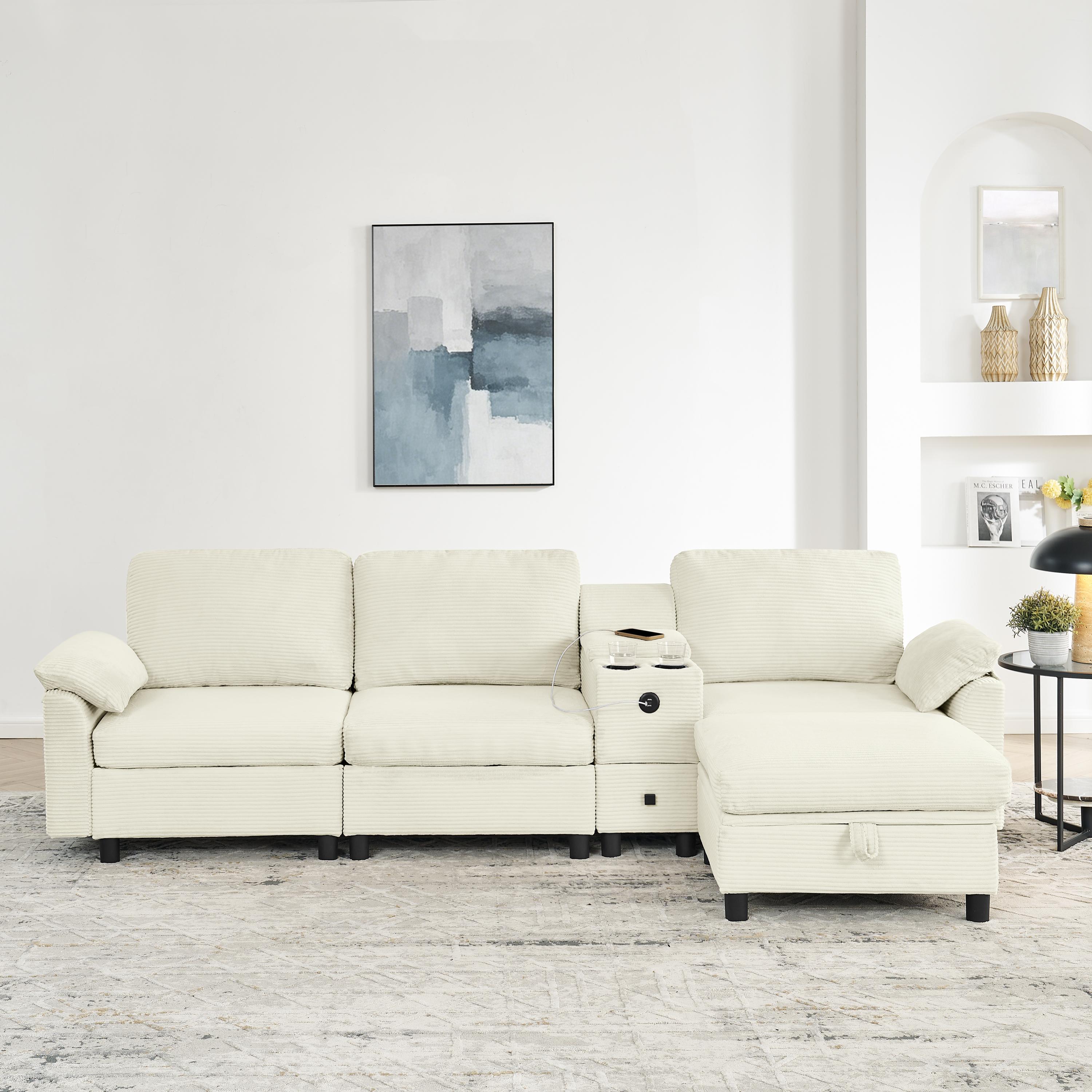 ChuangYuan Smart Home "Modern Modular Sectional with All-in-One Storage,L-Shaped Sofa with Cup Holder and Liftable Ottoman, 108.5'' L x 56.5"" W x 32"" H, Beige | Aosom.com" - $877.99 at Aosom US