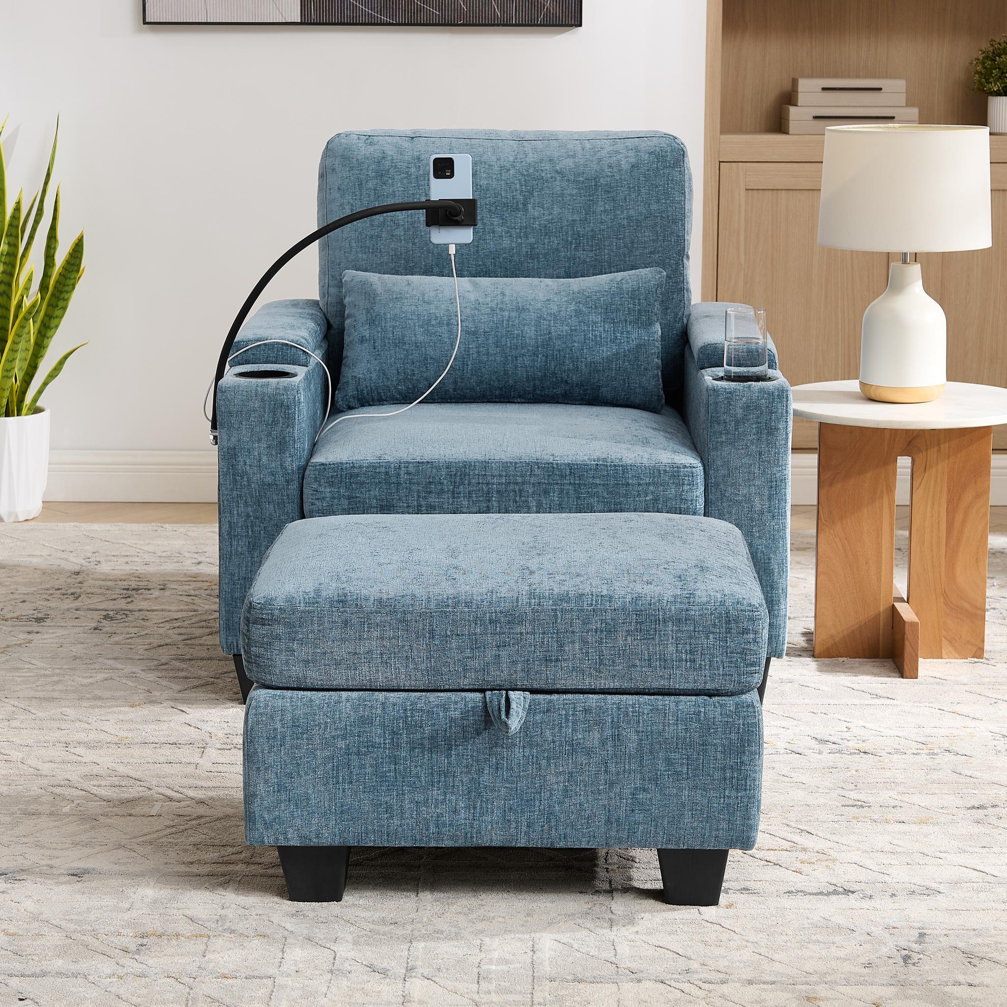 ChuangYuan Smart Home "Modern Single Sofa Recliner with Backrest and USB Port, Storage Ottoman with Cup Holder and Phone Stand, 37'' L x 34"" W x 32"" H, Blue | Aosom.com" - $404.99 at Aosom US