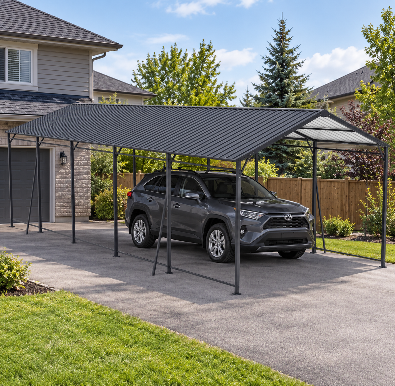 Heavy-Duty Outdoor Metal Carport with Galvanized Steel Roof, Large Garage Ideal for Cars, 153.5'' L x 317'' W x 105.5'' H, Charcoal | Aosom Canada