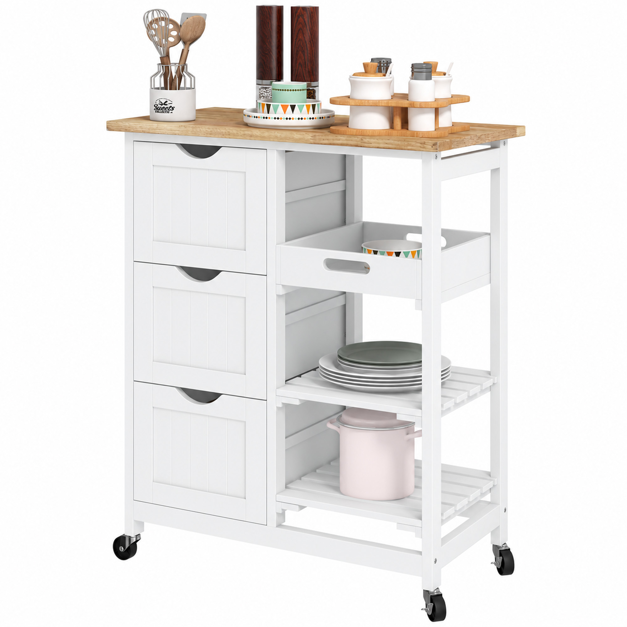 HOMCOM Dining Rolling Kitchen Island, White, with Wood Top, Shelves & Drawers | Aosom.com