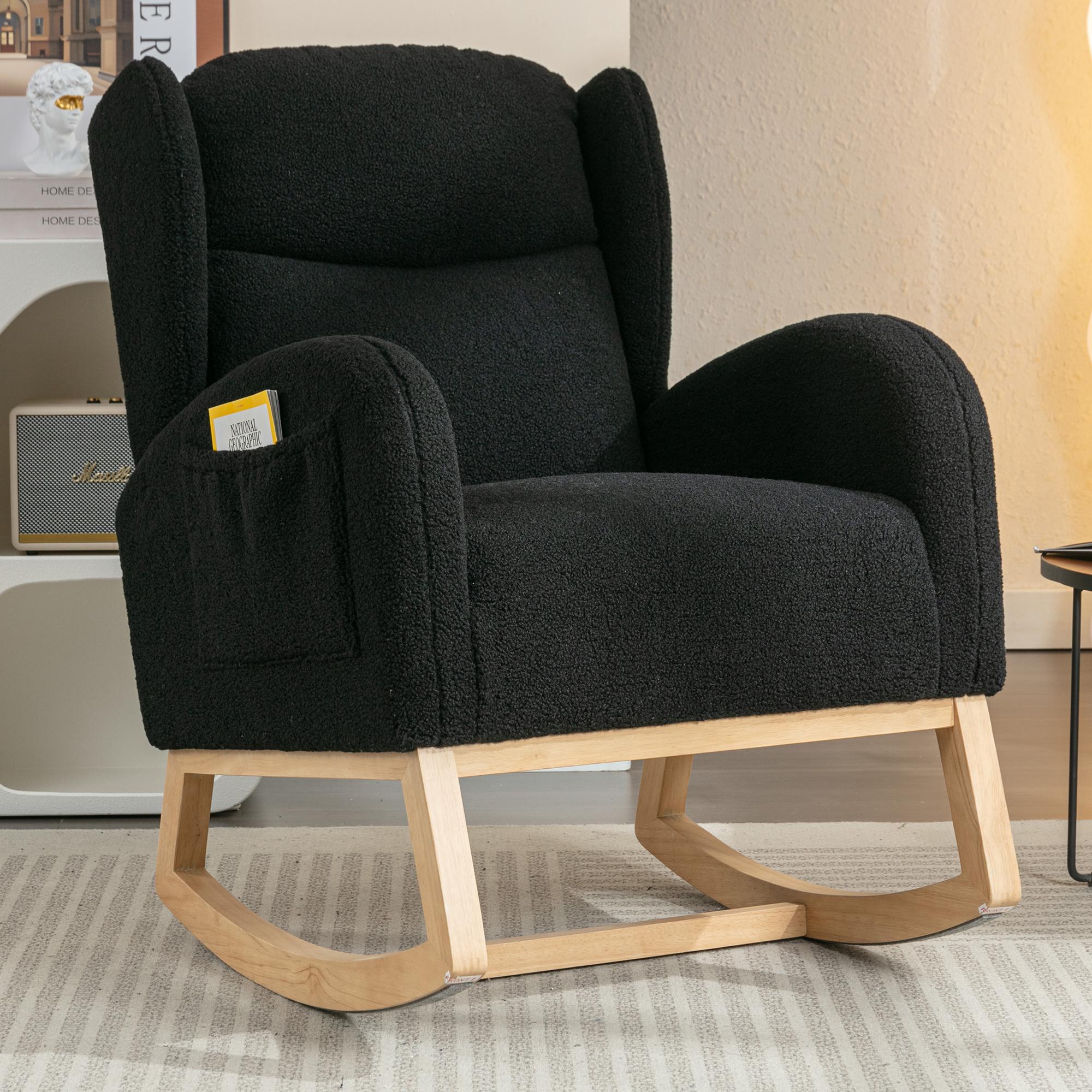"Cozy Teddy Fabric Rocking Chair with Wingback and Larger Seat, Ergonomic Nursery Chair for Living Room, 38'' L x 28""W x 40"" H, Black| Aosom.com"