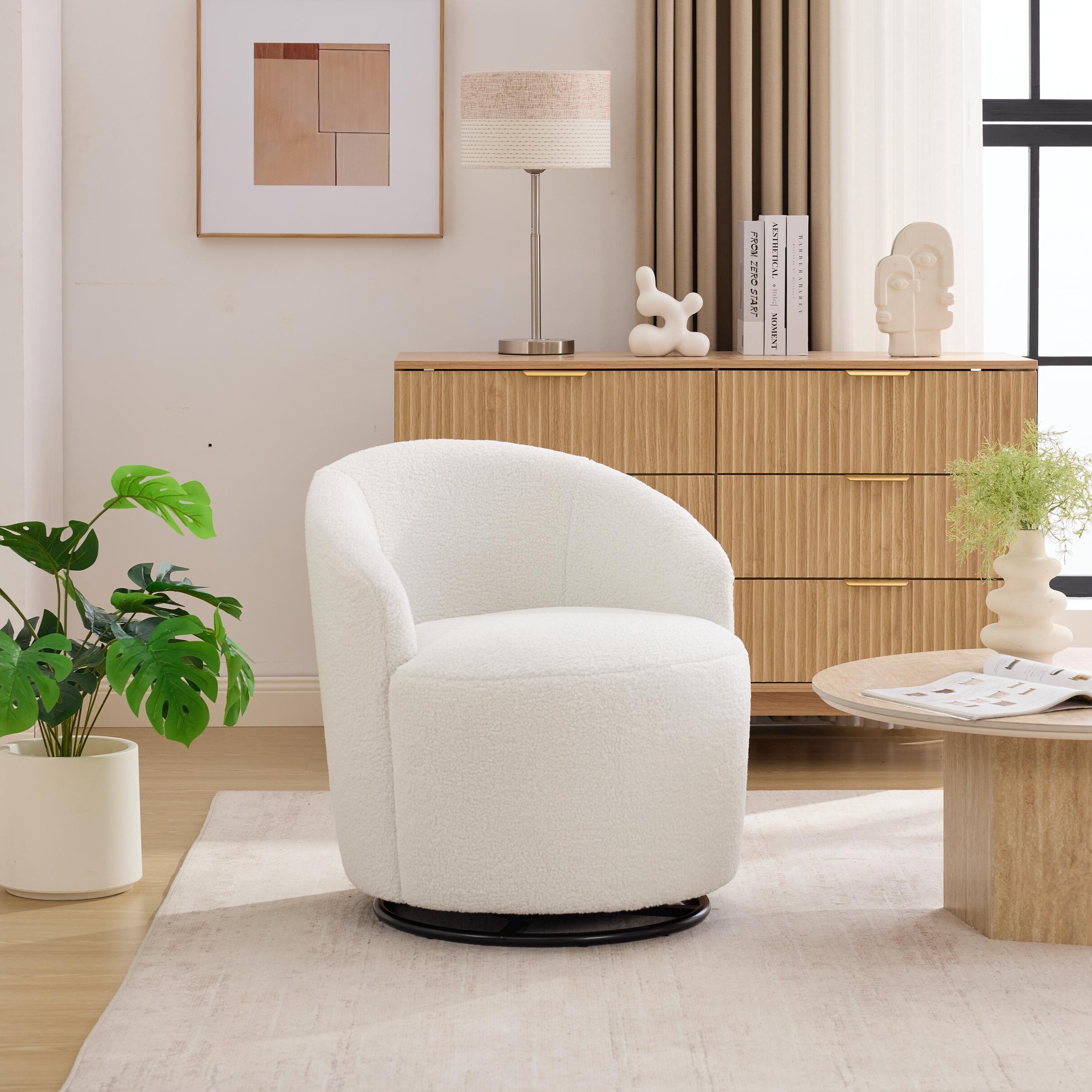 "Cozy Teddy Fabric Swivel Accent Chair with Curved Backrest, Compact Barrel Leisure Chair for Living Room , 24'' L x 24""W x 27.5"" H, Ivory| Aosom.com"