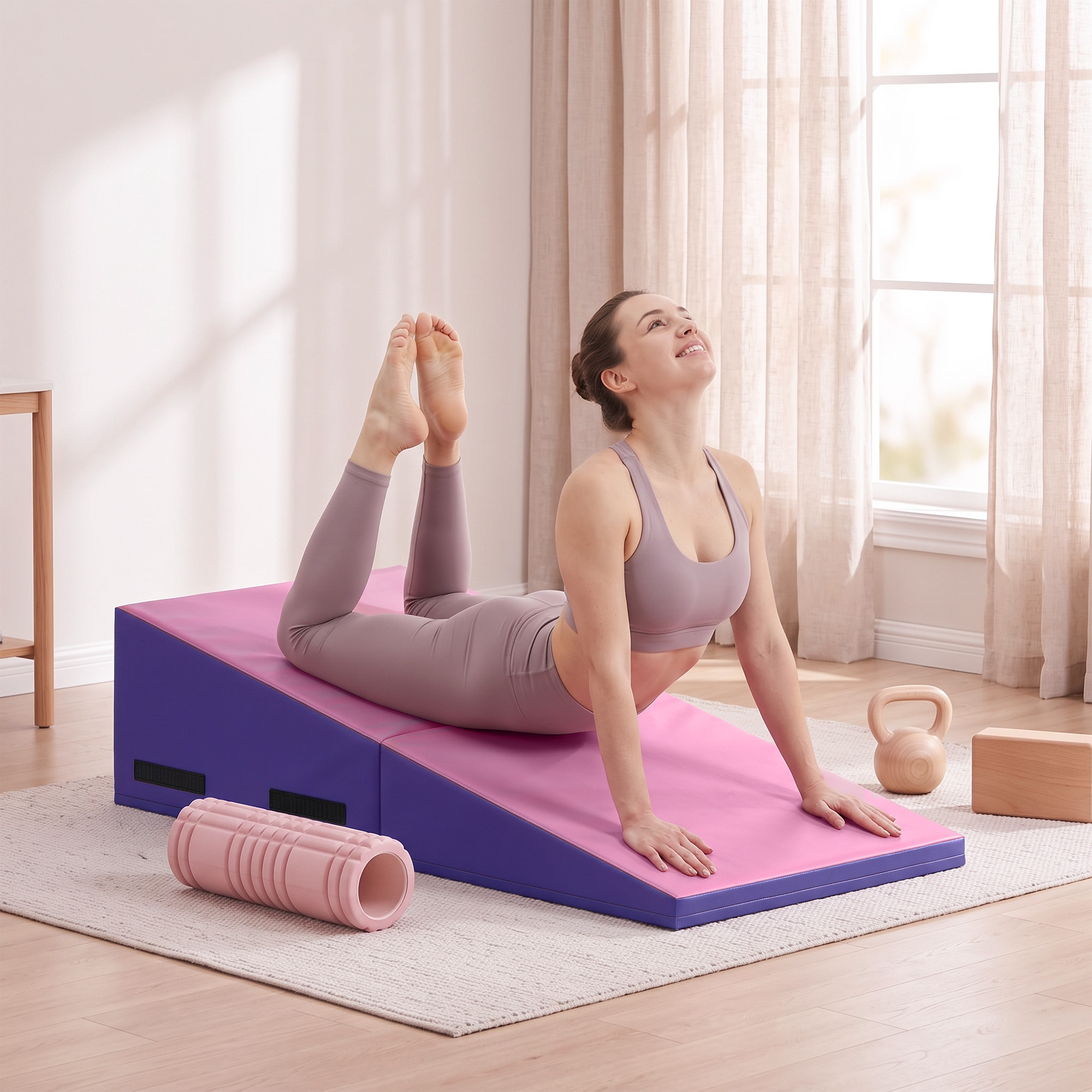 Soozier Incline Gymnastics Mat, Tumbling Cheese Wedge Mat with Water Resistant PU Leather, Carry Handles, Purple & Pink | Aosom Canada