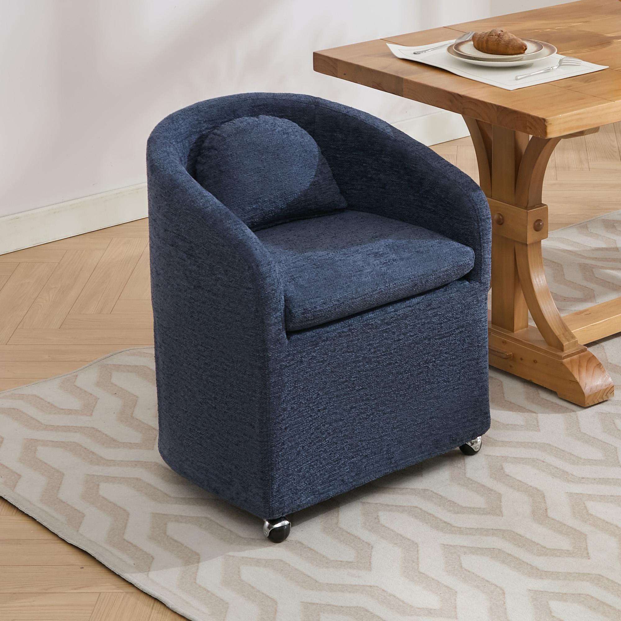 "Soft Elegant Chenille Dining Armchair with Back Cushion, Ergonomic Swivel Chair with Universal Wheels, 22'' L x 24.5"" W x 30"" H, Blue| Aosom.com"
