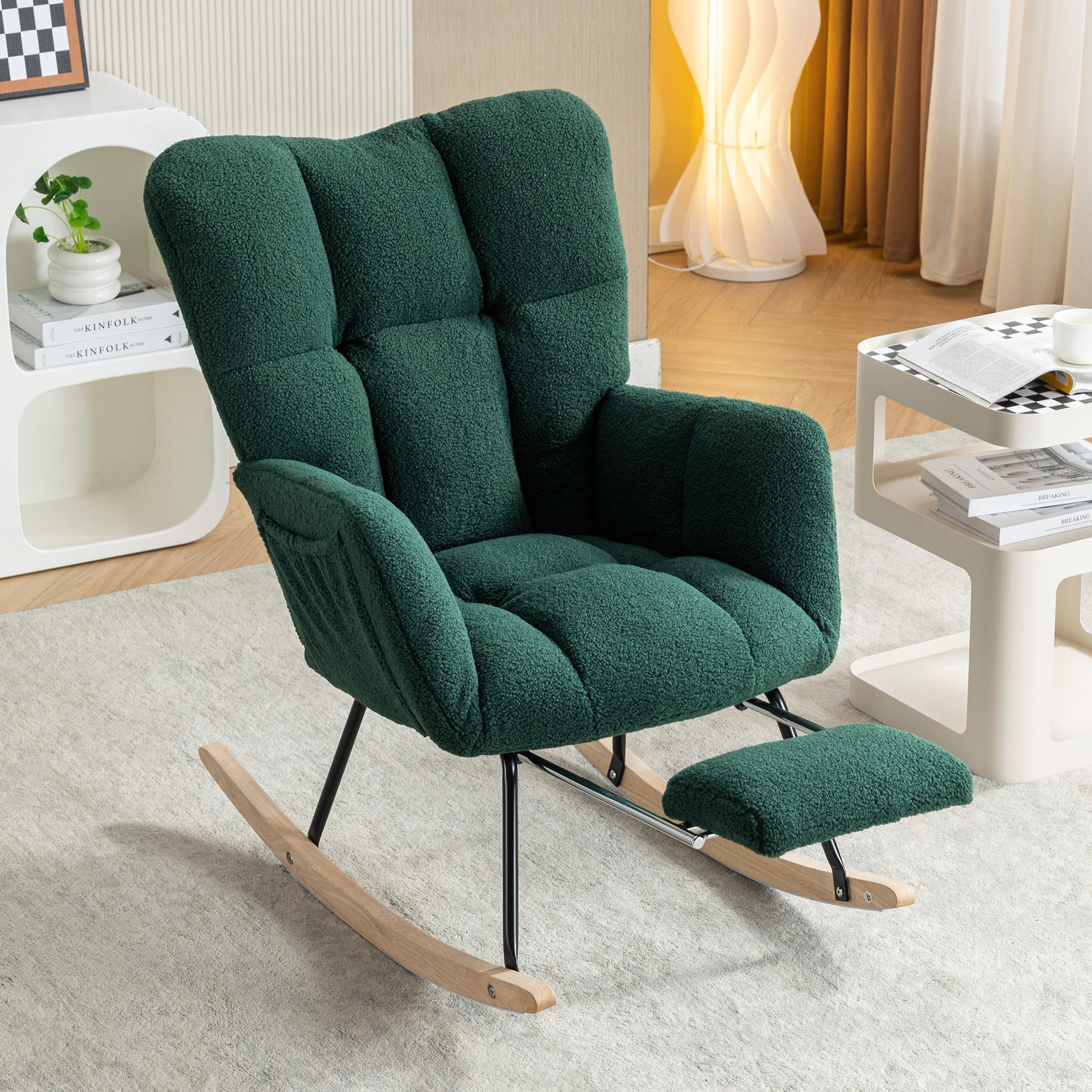 "Cozy Teddy Fabric Rocking Chair with Adjustable Footstool, Ergonomic Nursery Chair for Living Room , 37-49'' L x 26""W x 35-36"" H, Green| Aosom.com"