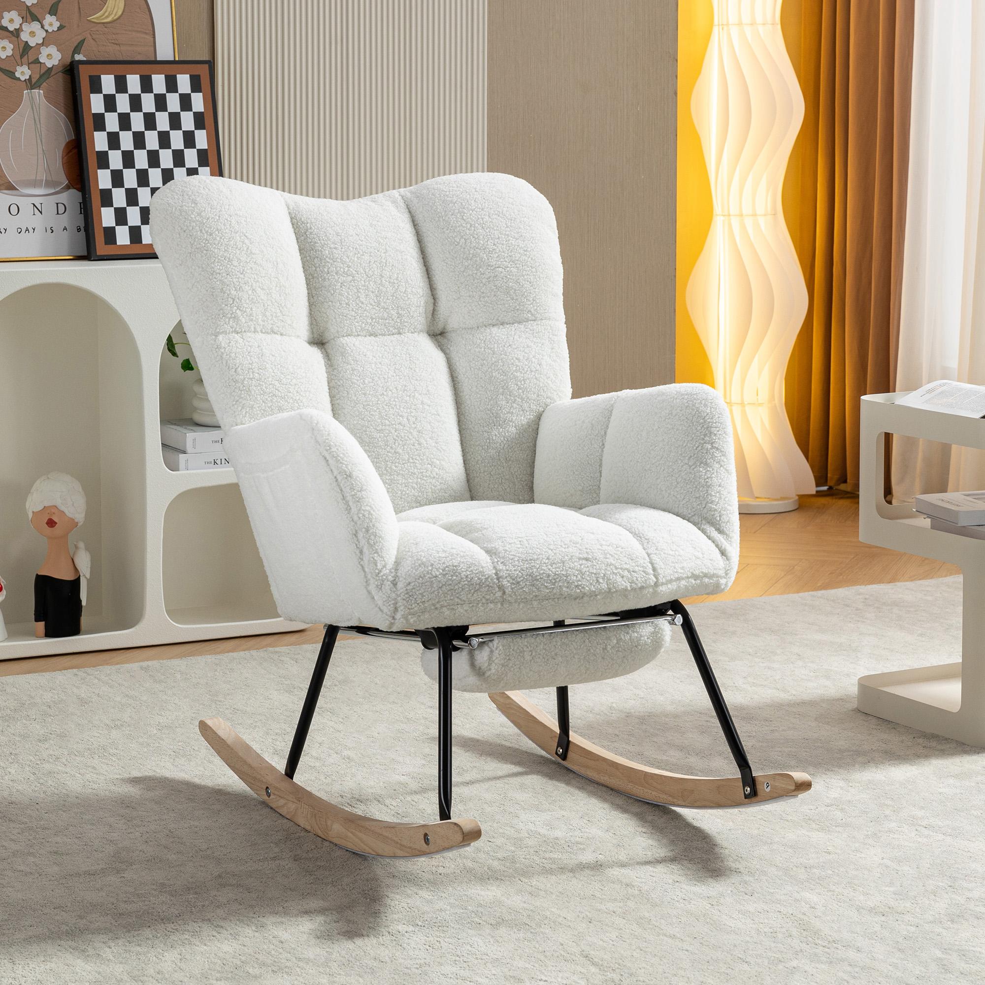 "Plush Teddy Fabric Rocking Chair with Adjustable Footstool, Ergonomic Nursery Chair for Living Room, 37-49'' L x 26""W x 35-36"" H, Ivory| Aosom.com"
