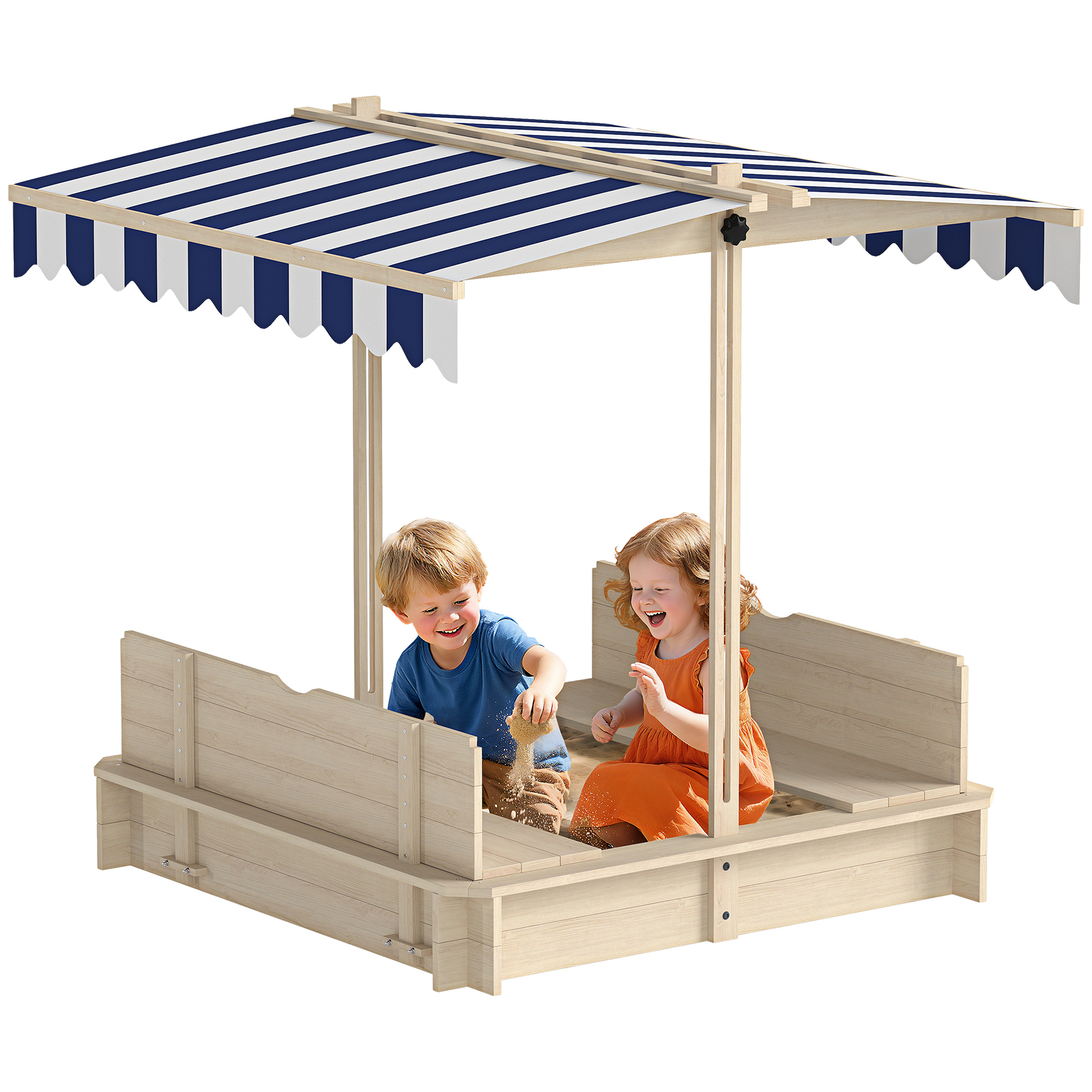 Outsunny Covered Wooden Sandbox with Adjustable Canopy, Convertible Bench Seat, and Backrests, Bottom Liner, Natural Blue| Aosom.com