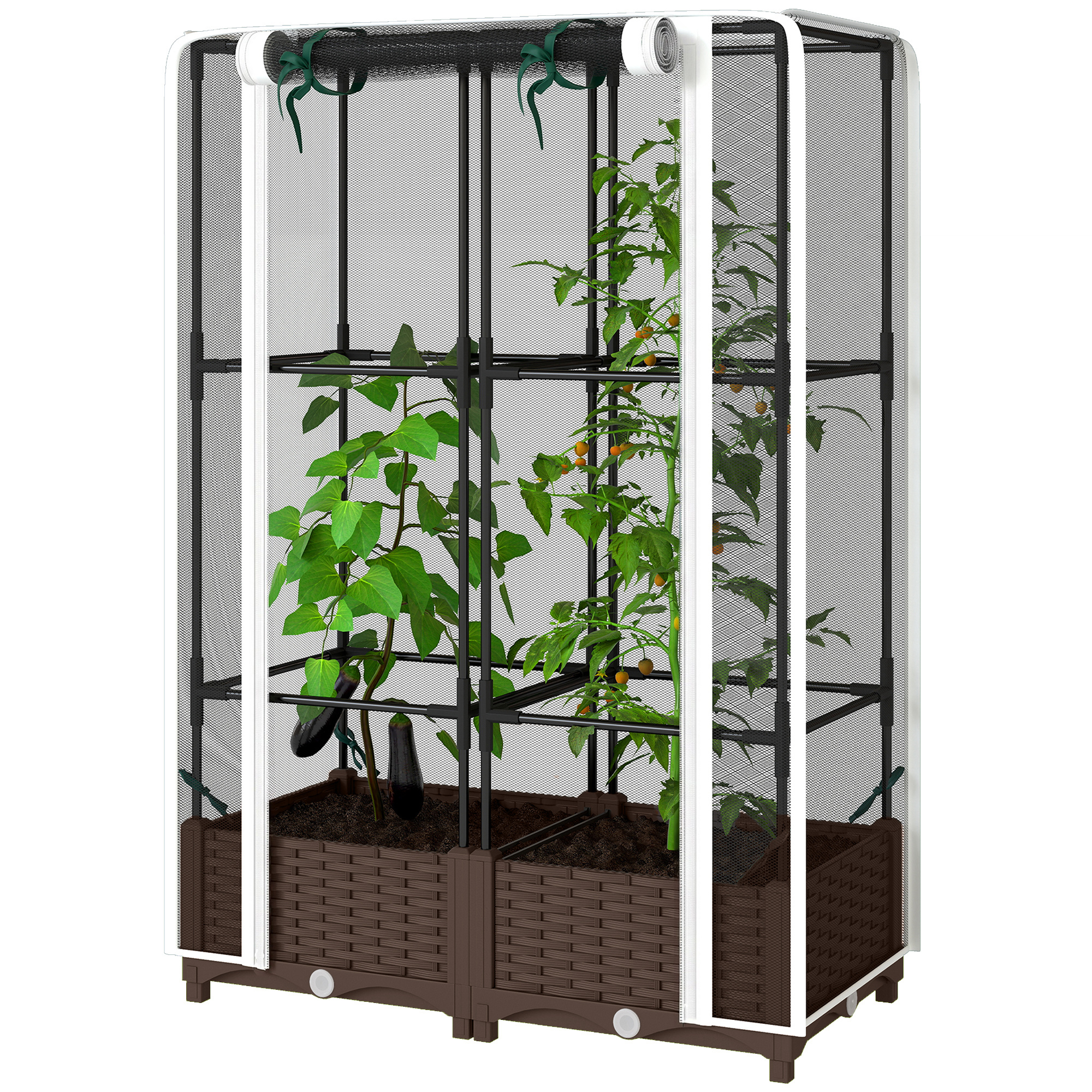 "Outsunny Raised Garden Bed with Trellis, 46.5"" Tomato Cage with Crop Cage, Self Watering Planter Box with Drainage Holes, White"