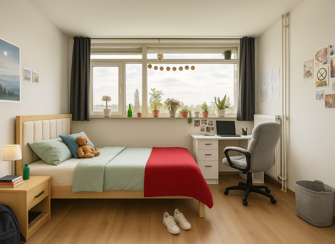 Cozy Student Bedroom: Bed, Desk, Chair, Nightstand