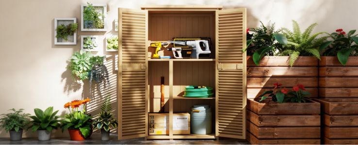 Practical storage sheds featuring integrated multi-tier shelving