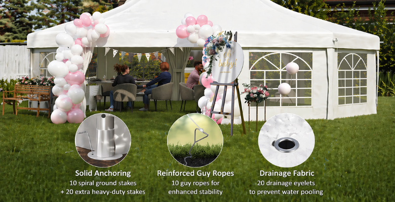 A party marquee is never inherently stable. Its wind resistance depends entirely on the quality of installation, the frame structure, and the prevailing outdoor conditions.