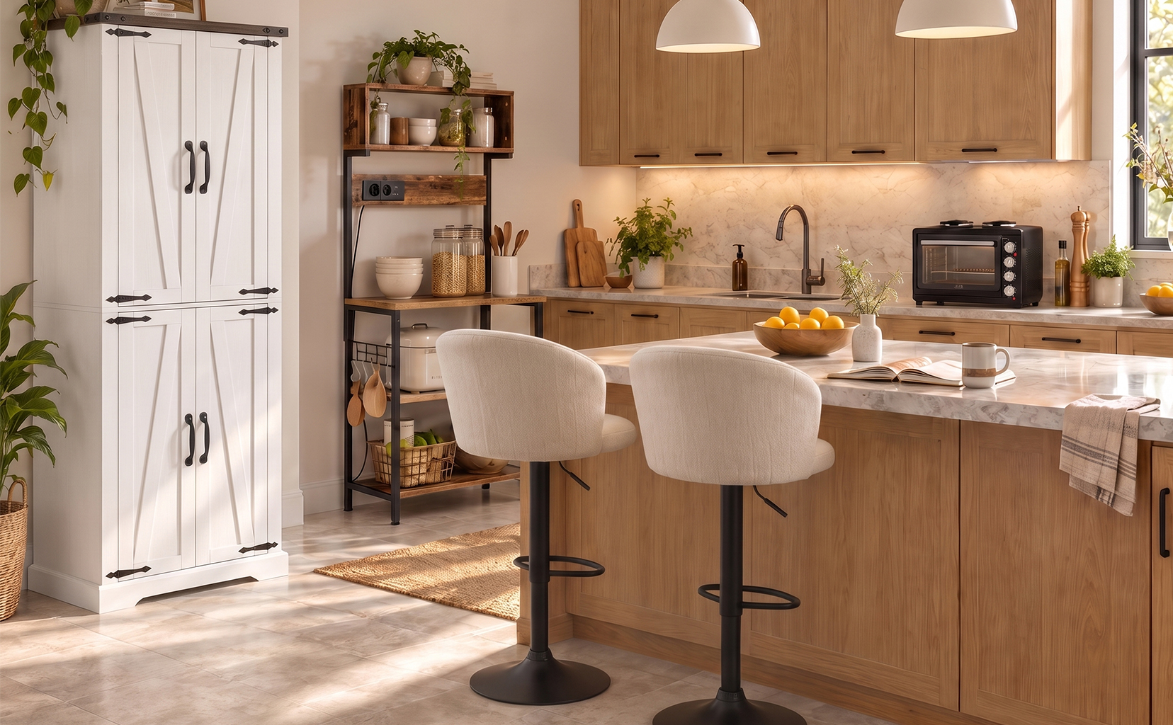 An organized kitchen, a welcoming bar area
