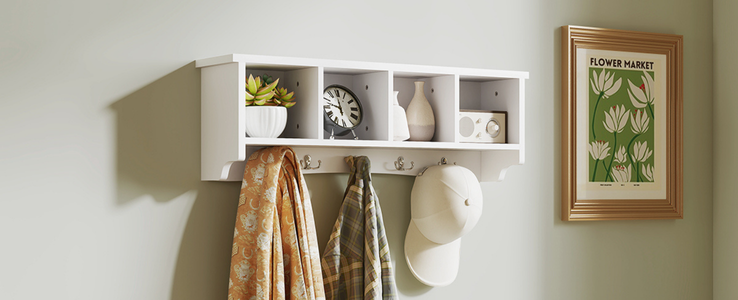 Wall Coat Rack with Hooks & Storage Shelf