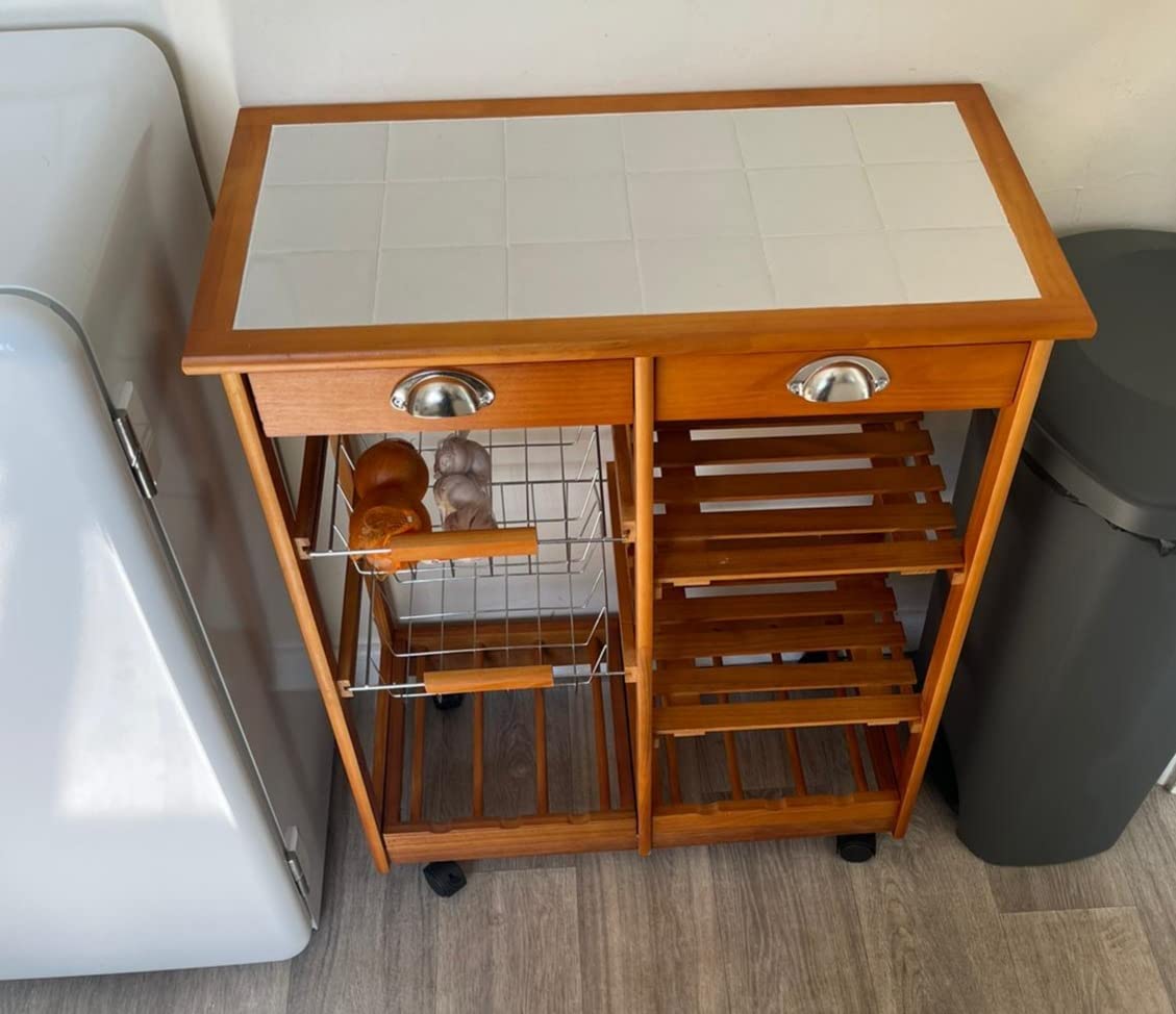 Wooden Rolling Kitchen Cart Tile Counter Top Utility Trolley