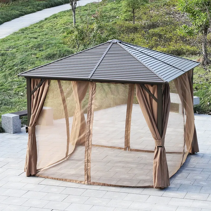 Outsunny 10' x 10' Hardtop Gazebo Canopy with Galvanized Steel Roof, Aluminum Frame, Hook, Outdoor Gazebo with Netting and Curtains for Patio, Garden, Backyard, Deck, Lawn, Light Brown
