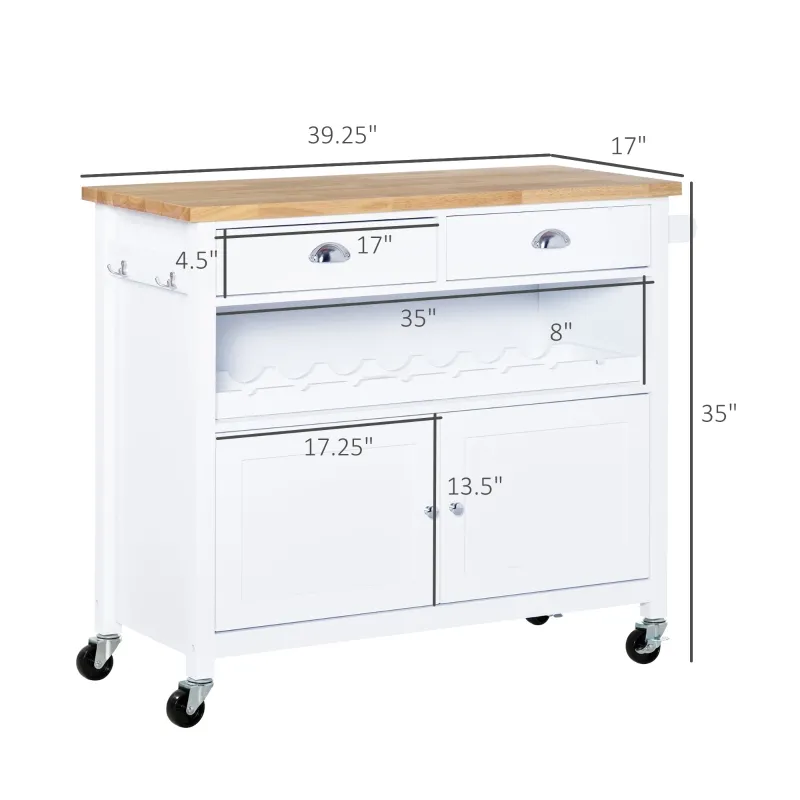HOMCOM Rolling Kitchen Island Cart, Trolley Cart with Wine Rack, Rubberwood Top, Drawer and Hook, White