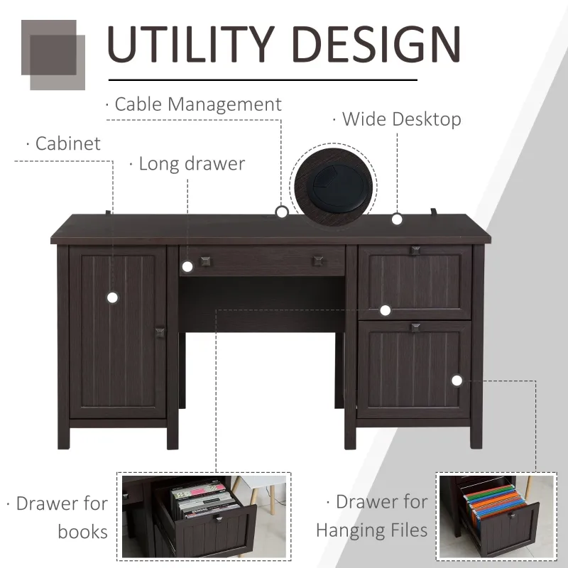 HOMCOM Vintage Executive Computer Desk, Home Office Work station, Student Table with Cabinet & 3 Drawers for Hanging Files, Brown