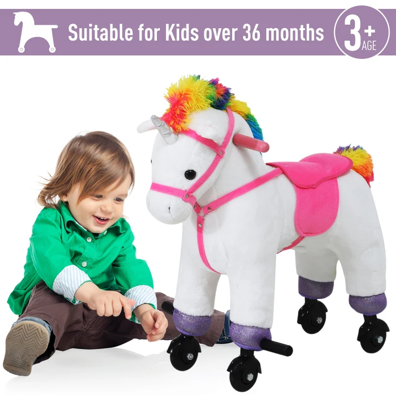 Qaba Kids Plush Toy Ride-on Rocker Unicorn Horse Rolling Pony w/ Realistic Sound - White
