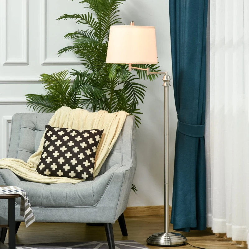 HOMCOM Standing Floor Lamp Tall Pole Light with Shade, Metal Round Base Adjustable Support Pole, E26 Bulb Base, for Bedroom, Living Room, Office, Silver/Beige