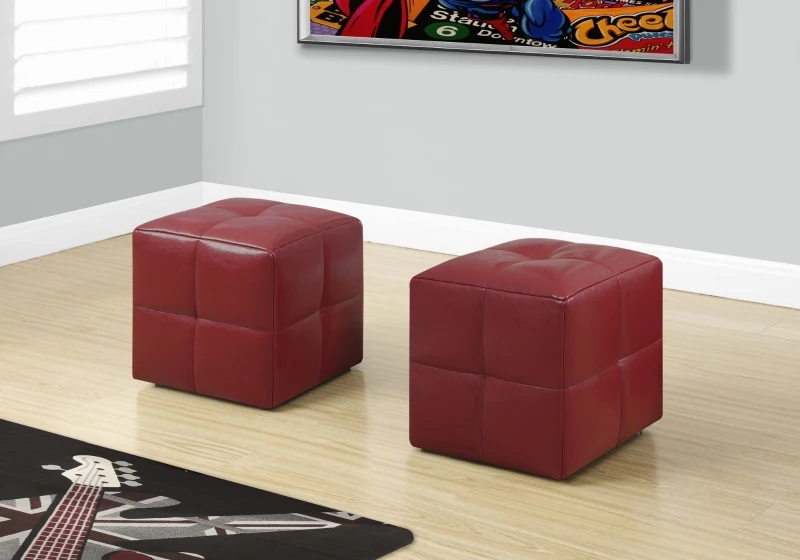 Monarch Two Piece Kids' Padded Upholstered Ottoman Set - Red Leather-Look