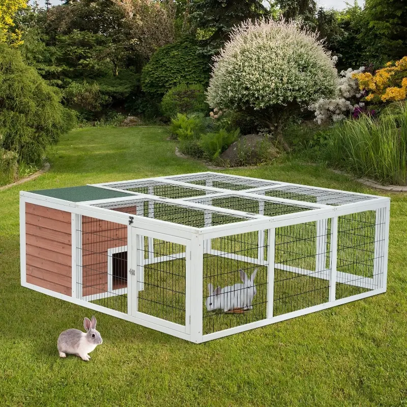 PawHut 64" Outdoor Rabbit Hutch Playpen, Wooden Tortoise House Habitat, Bunny Cage with Run and Enclosed Cover, for Rabbits, Chickens, Ducks, Indoor, Brown