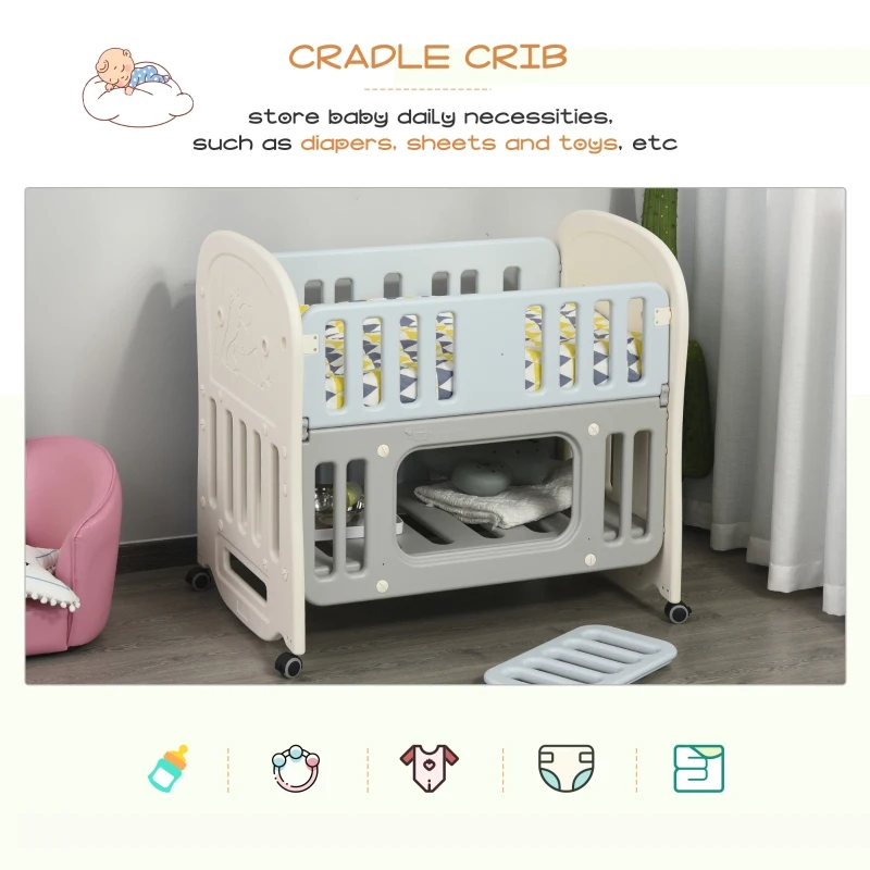 Qaba Baby Crib 3 In 1 Design Toddler Cot Cradle Beside Sleeping Cot with Storage Function Detachable Lockable Wheels for Infant Newborn Age 0 to 6 Months