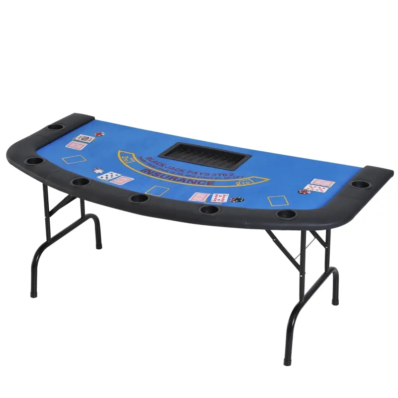 Soozier Poker Table Foldable, 72" Blackjack Table for 7 Players with Chip & Cup Holder, Blue Felt