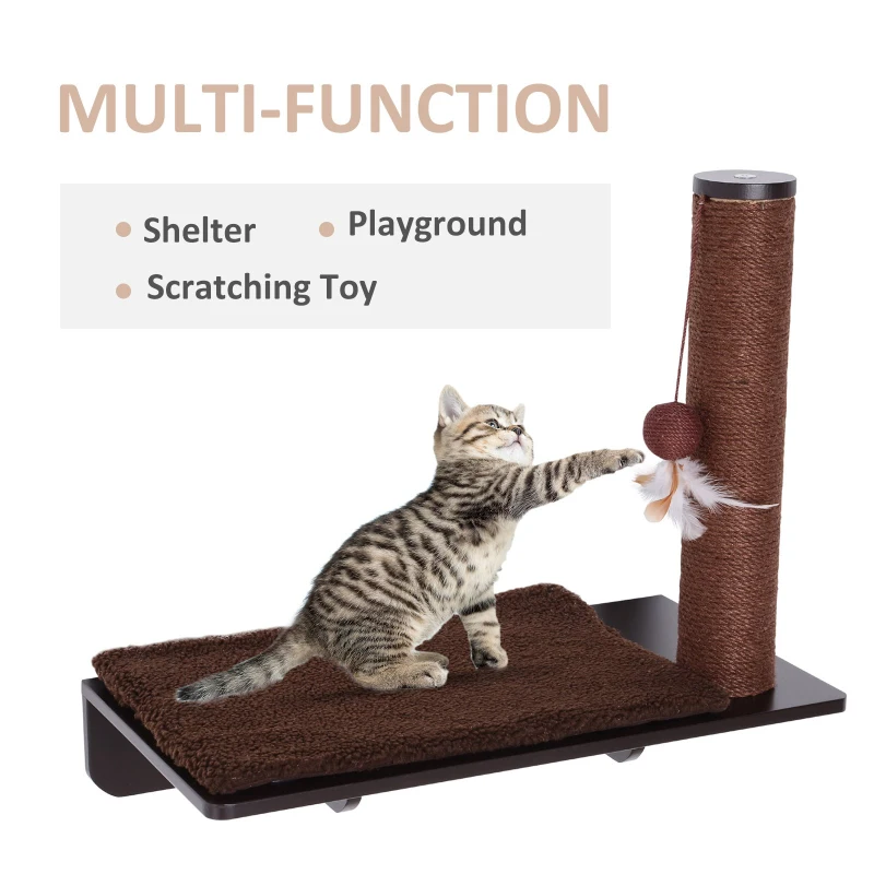 PawHut Cat Climbing Frame Shelf Wall-mounted w/ Mat and Toy Brown