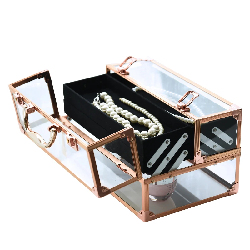 HOMCOM Portable Makeup Case Train Case Lockable Aluminum Rose Gold
