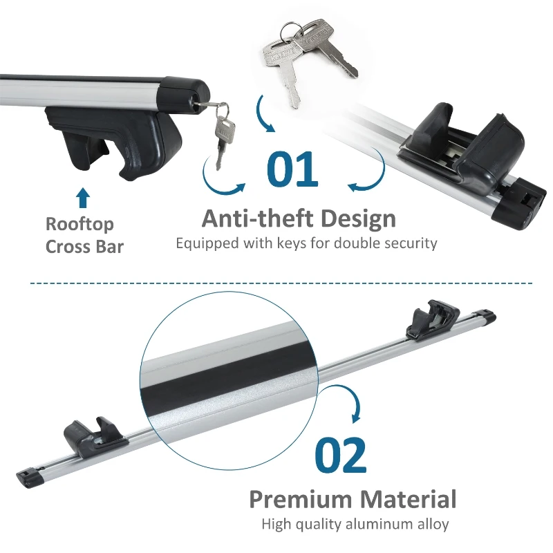 Outsunny Roof Top 2 PC Aluminum Cross Bars Lockable Adjustable Baggage Luggage Roof Rack, Silver (49")