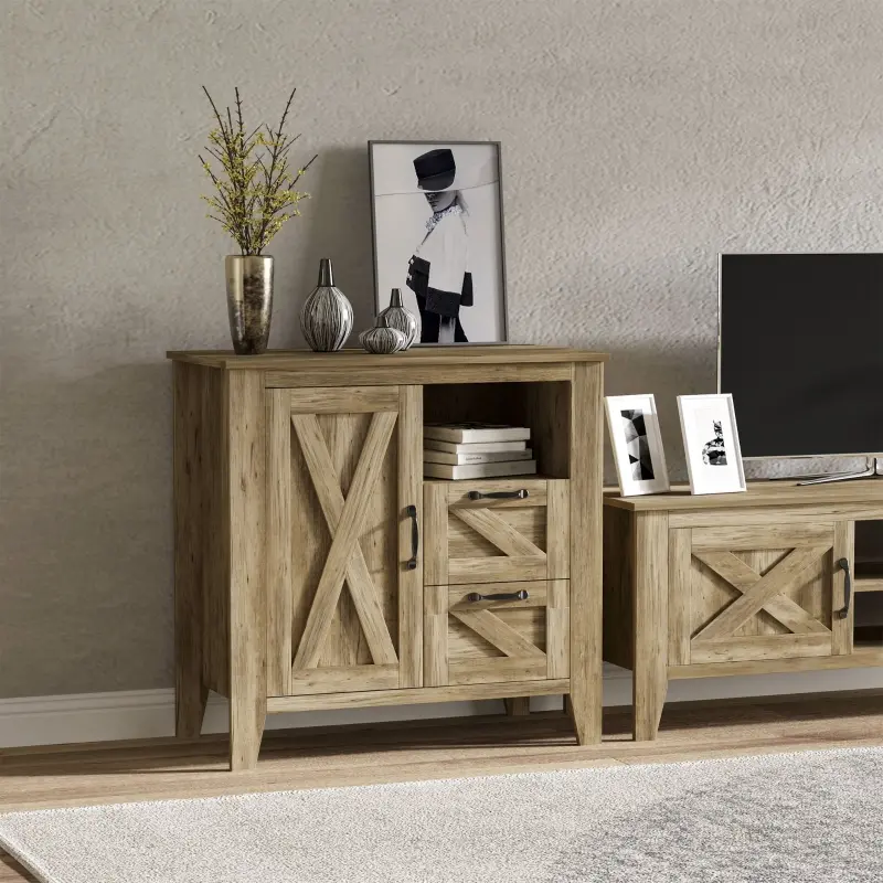 HOMCOM Sideboard, Farmhouse Buffet Cabinet with Storage Open Shelf, 2 Drawers and Open Countertop, Oak Finish