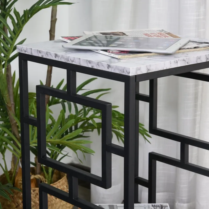HOMCOM Modern End Table, Nightstand with Marble Textured Top, Sofa Side Table with Metal Frame for Living Room, Black