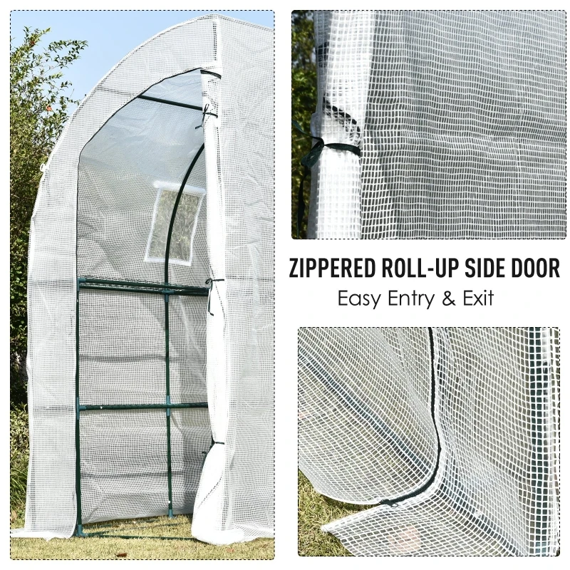Outsunny 7' x 3' x 7' Outdoor Lean-to Walk-In Greenhouse, Plant Gardening Green House with Roll-up Mesh Windows, Zipper Door and 3-Tier Shelves, White and Green Frame