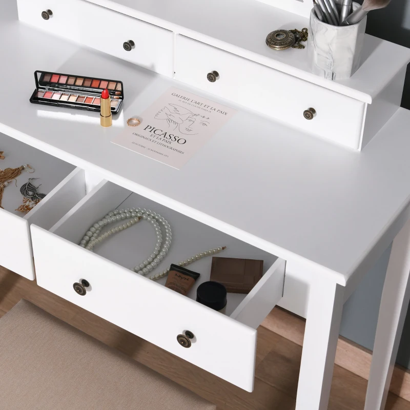 HOMCOM Vanity Dressing Table with 360° Rotating Mirror and Cushioned Stool, Makeup Desk Dresser with 4 Drawers, White