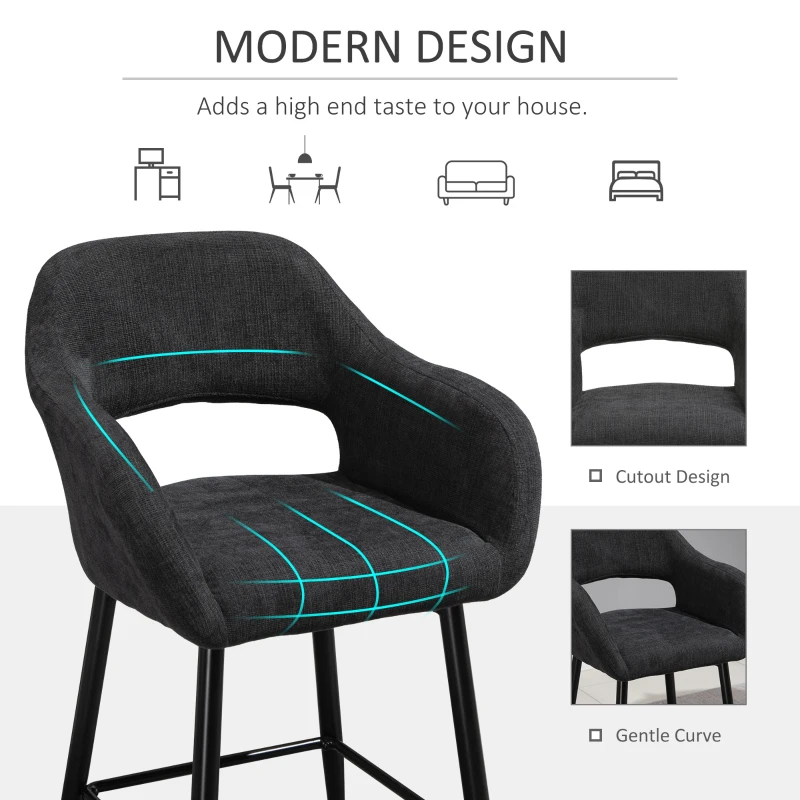 HOMCOM Counter Height Bar Stool Linen Fabric Upholstered Barstool Kitchen Breaskfast Chair with Footrest & Metal Legs, Dark Grey