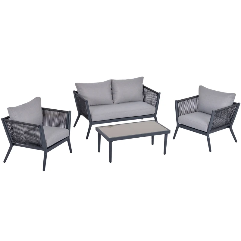 Outsunny 4 PCs PE Rattan Wicker Sofa Set Outdoor Conservatory Furniture Lawn Patio Coffee Table w/ Cushion Light Grey