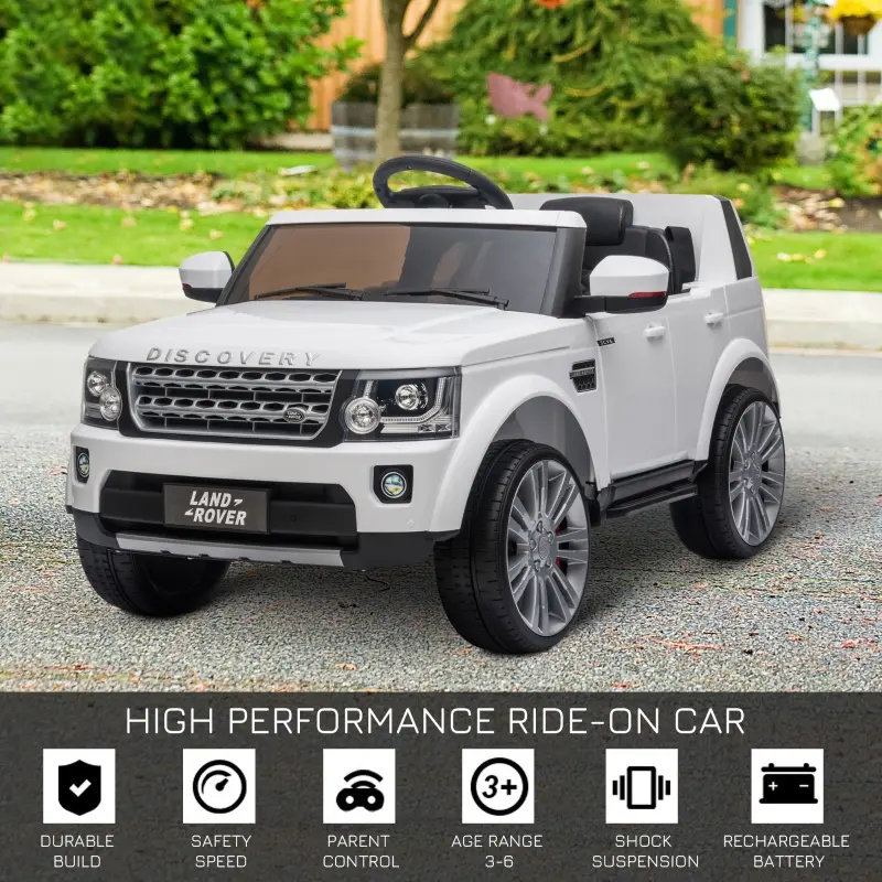 Aosom Compatible 12V Battery-powered Kids Electric Ride On Car Landrover Discovery 4 Toy with Parental Remote Control Music Lights MP3 Suspension Wheels for 3-6 Years Old White