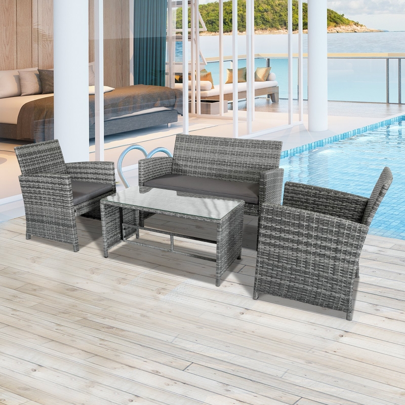 Outsunny 4Pcs Rattan Sofa Set Patio Wicker Furniture Conversation Set Garden Lawn Chair with Table & Cushion Deep Grey