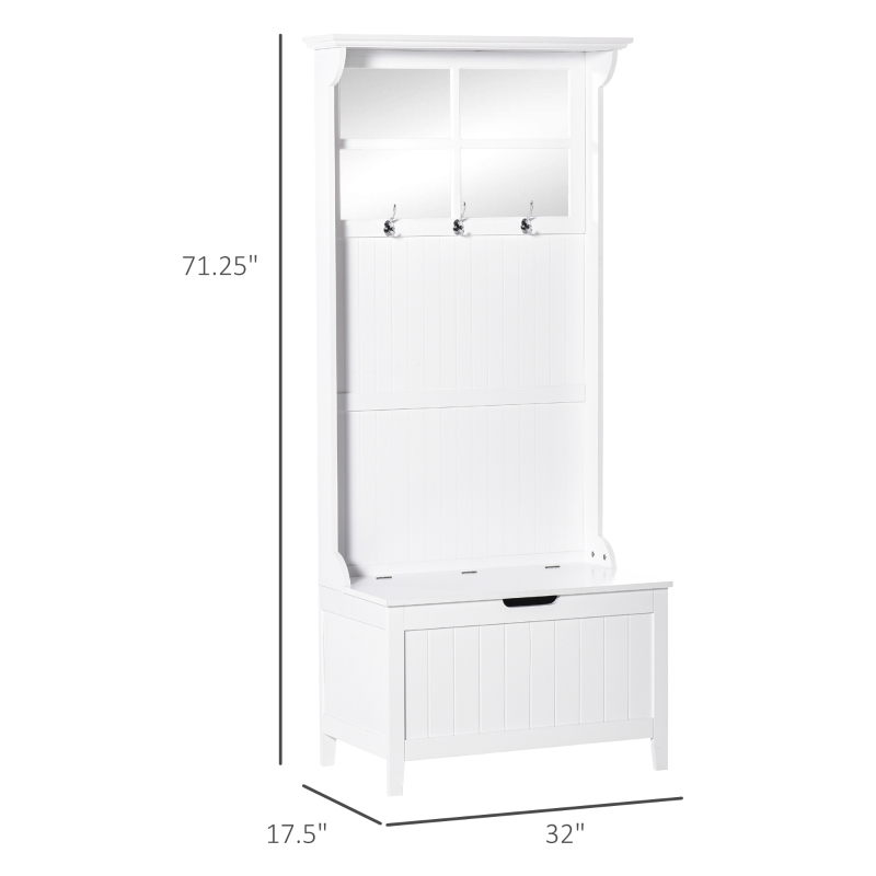 HOMCOM Coat Rack Shoe Bench with Storage 4 In 1 Hall Tree for Entryway Hallway Organizer with Cabinet 3 Hooks Mirrors White
