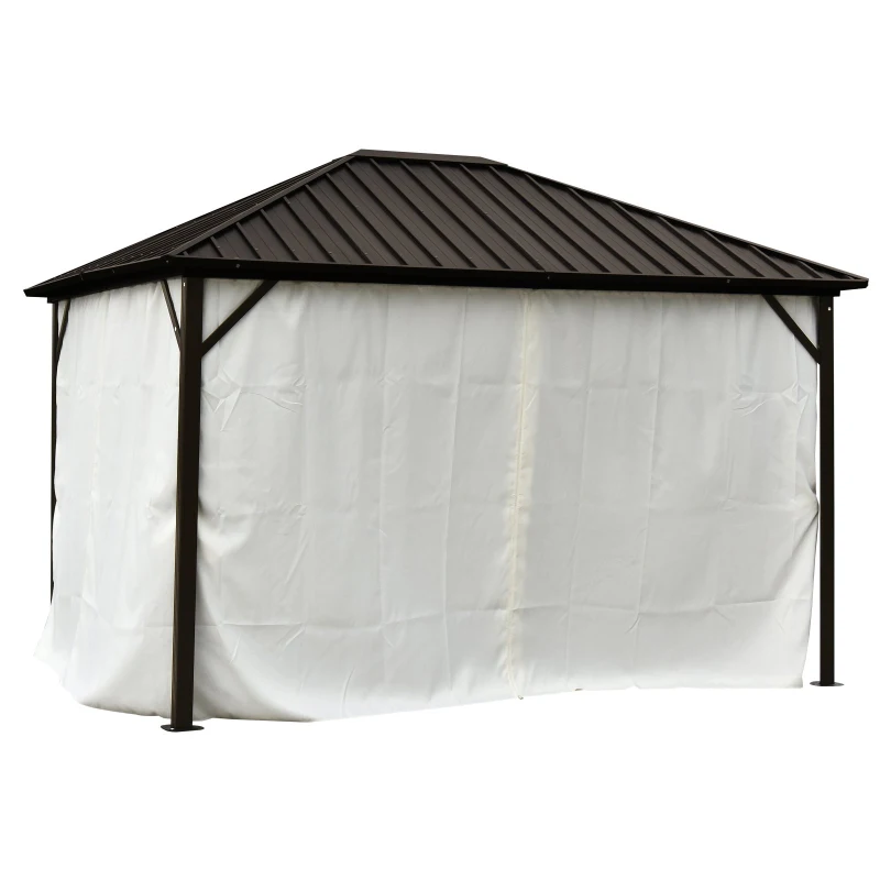 Outsunny 10' x 12' Hardtop Patio Deluxe Steel Gazebo Garden Sun Shelter Aluminum Frame Heavy Duty Outdoor Hardroof Pavilion with Curtains and Netting Beige