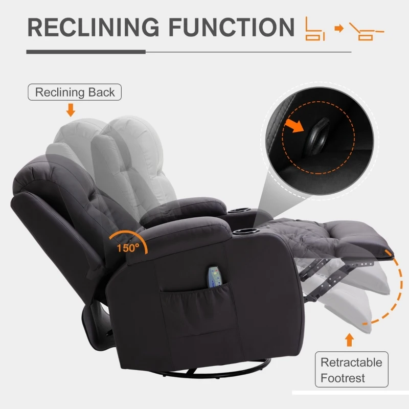 HOMCOM Luxury Faux Leather Heated Vibrating 8 Point Massage Recliner Chair with 360 Swivel and Remote, Dark Brown